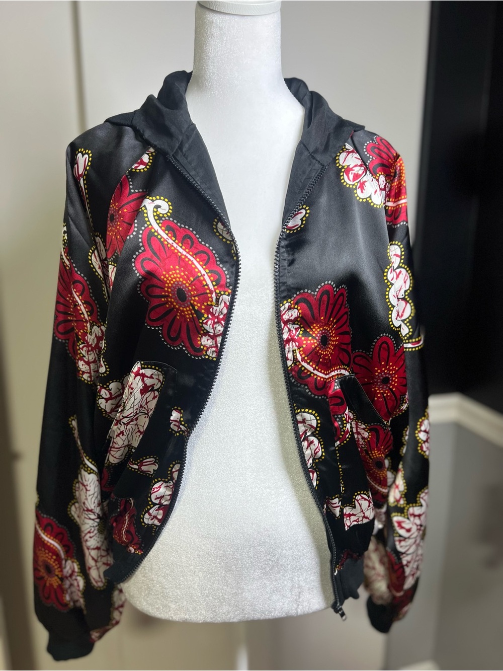 Black Floral Hooded Bomber Jacket with Red Accents